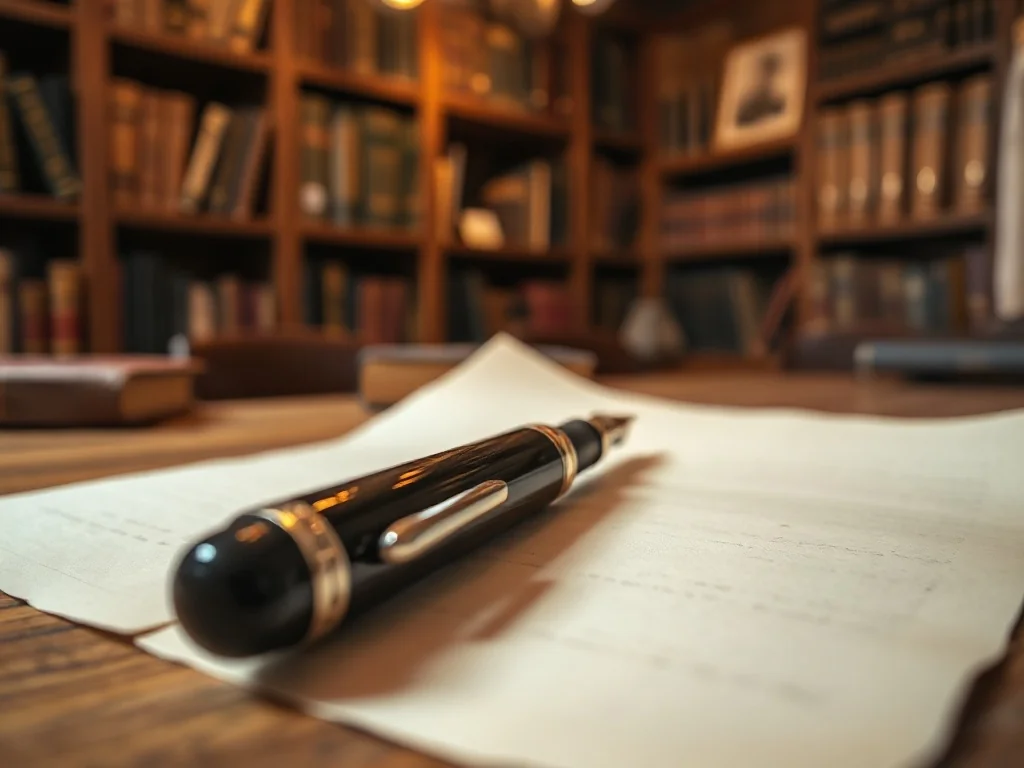 Eleganckie pióro wieczne leżące na pergaminie w bibliotece, nawiązujące do tematyki poprawnej pisowni i języka polskiego.