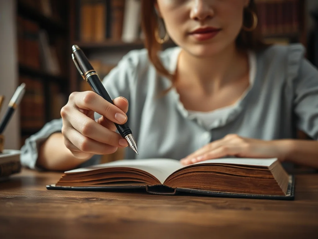 Kobieta z piórem wiecznym zastanawia się nad notatkami w przytulnej bibliotece, co podkreśla skupienie na poprawnym pisaniu.