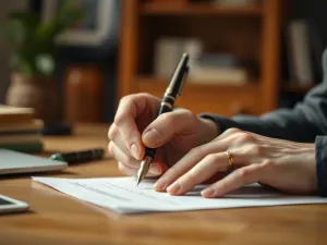 Kobieta przy biurku zamyślona nad wyborem poprawnej formy zapisu słowa na kartce papieru.