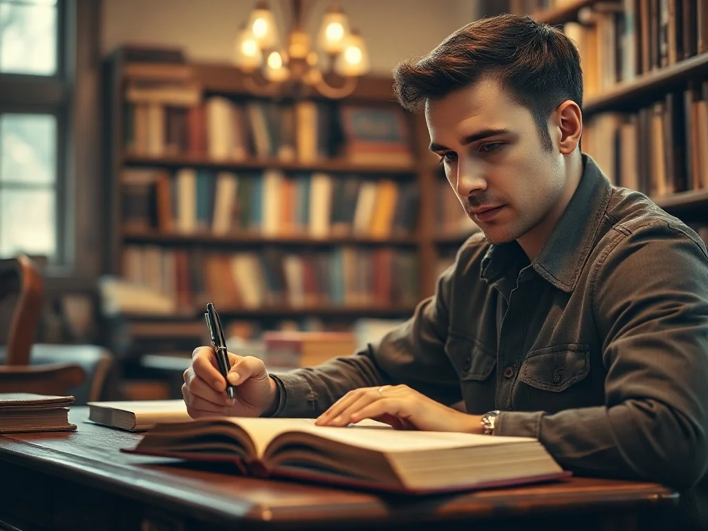 Mężczyzna przy biurku z otwartym notatnikiem, zastanawiający się nad zapisaniem tekstu w przytulnej bibliotece.