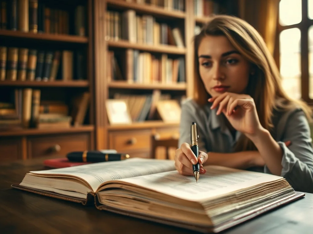 Kobieta z piórem przy otwartym notatniku na drewnianym biurku w bibliotece, przygotowująca się do pisania.