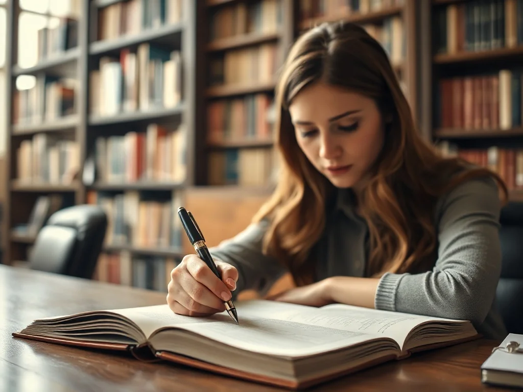 Kobieta skupiona na pisaniu w notatniku przy drewnianym biurku w bibliotece, co ilustruje proces tworzenia tekstów.