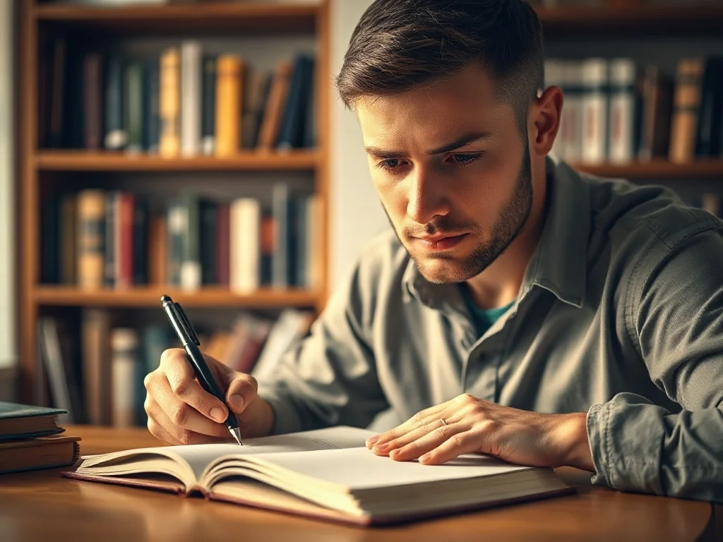 Mężczyzna siedzący przy biurku z notatnikiem, zastanawiający się nad poprawnym zapisem tekstu.